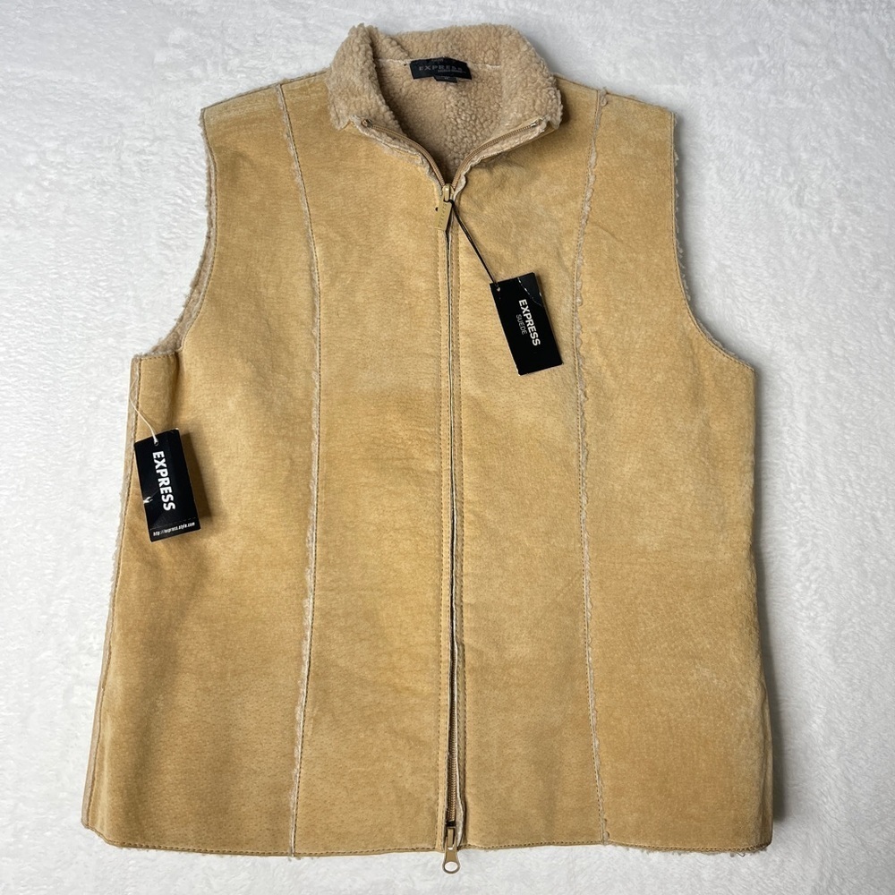 NWT Express Leather Sherpa Deadstock Two Way Zip Vest Y2K Sz M Bratz Ski Warm
